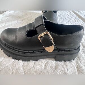 Steve Madden Chunky Lug Sole Black Mary Jane Platform Shoe with Gold Buckle